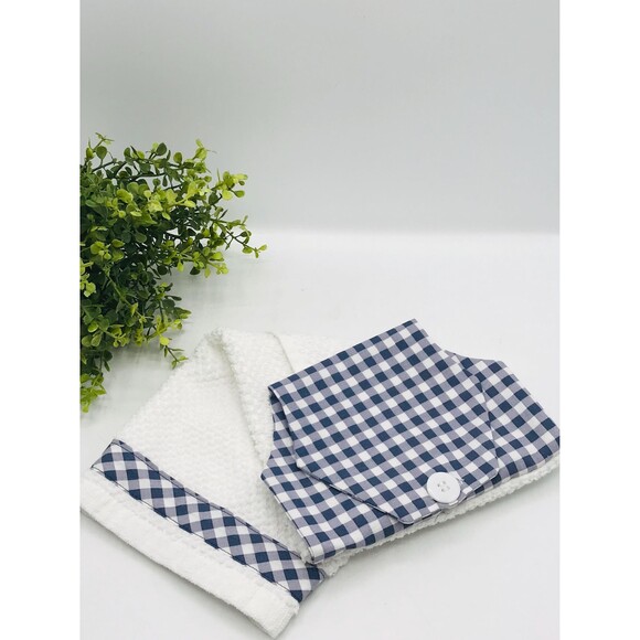 Hanging Kitchen Tea Towel, Button Closure, Cotton Dish Towel, Blue Gingham - Picture 6 of 7
